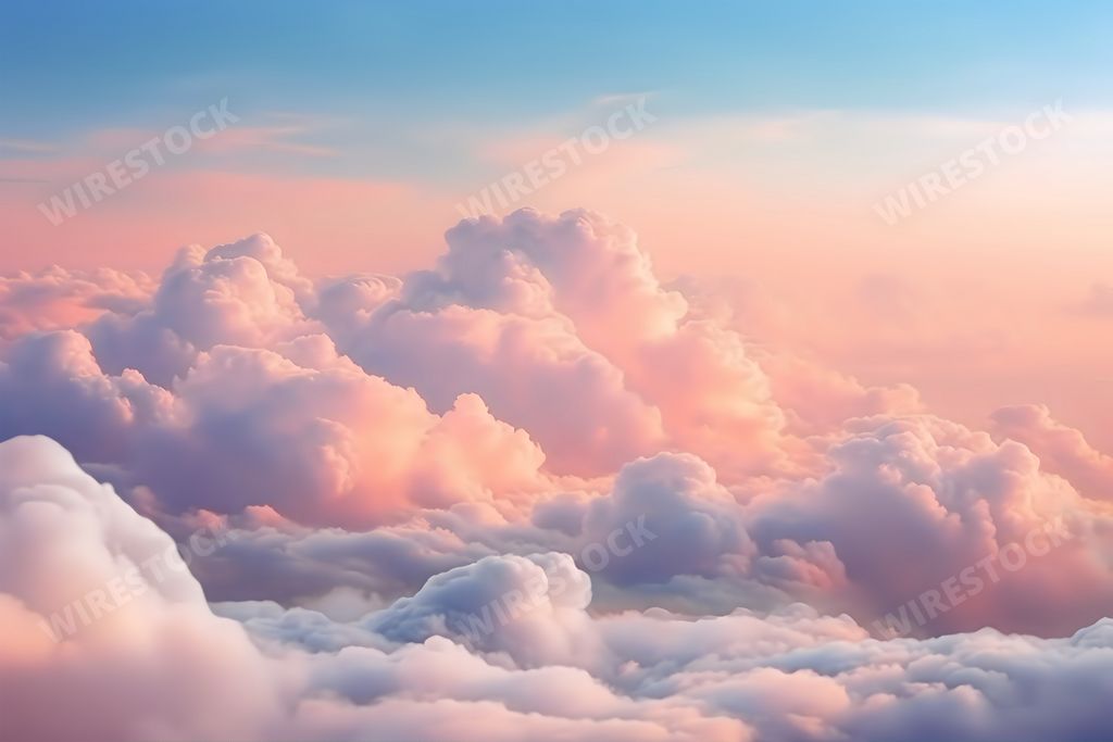 An AI generated illustration of A vibrant sunset sky with billowing clouds in a mix of pink, yellow, and blue colors