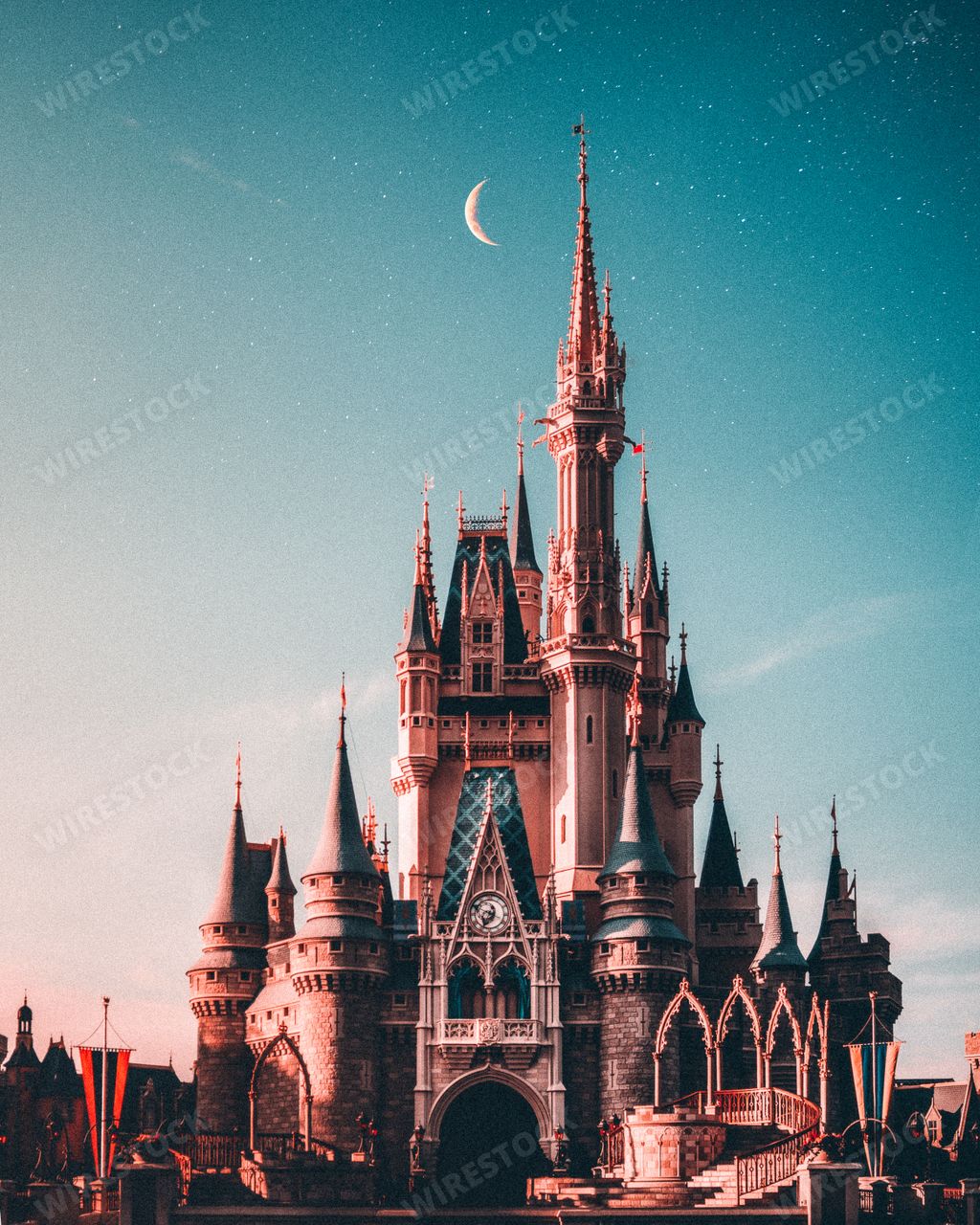 A vertical shot of the Cinderella Castle in Disney World theme park under a starry night sky with half moon