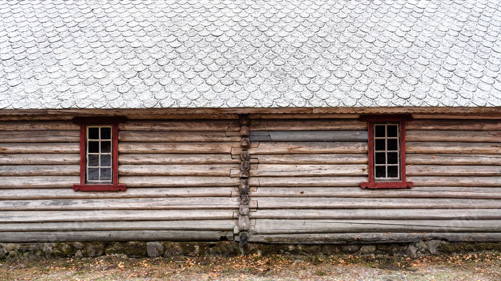 A close-up of Prestestua House at Eiktunet Free Air Museum in Gjovik, Norway