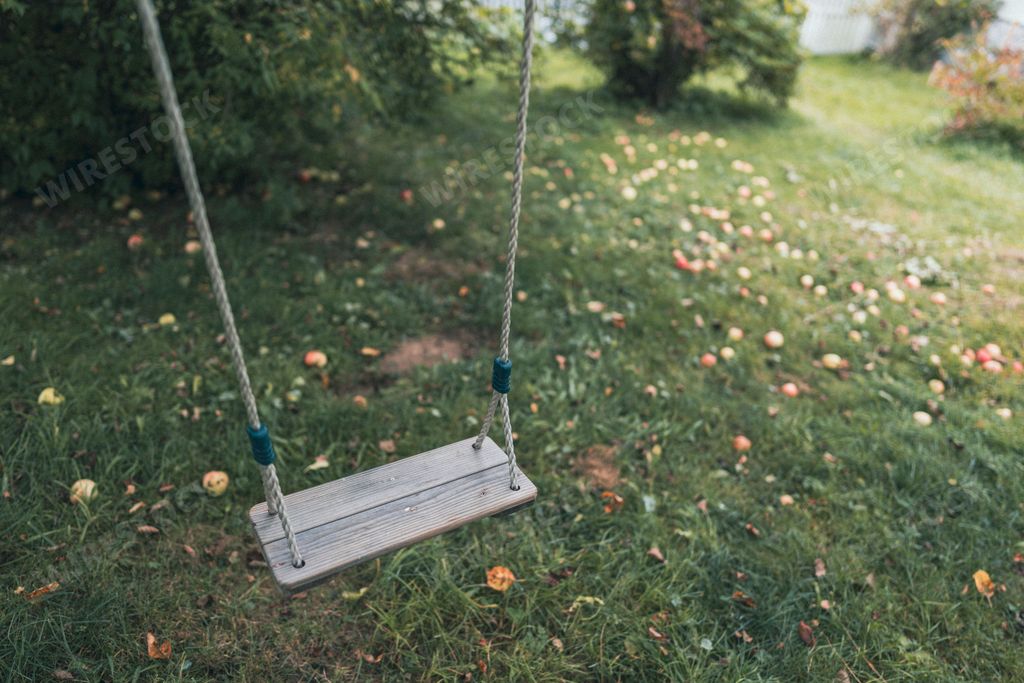 A high angle shot of an old wooden swing hung from a tree on a grass field in a park
