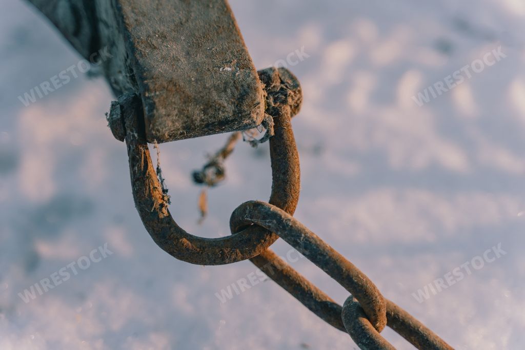 A closeup shot of a chain connected to an old timber sled for horse