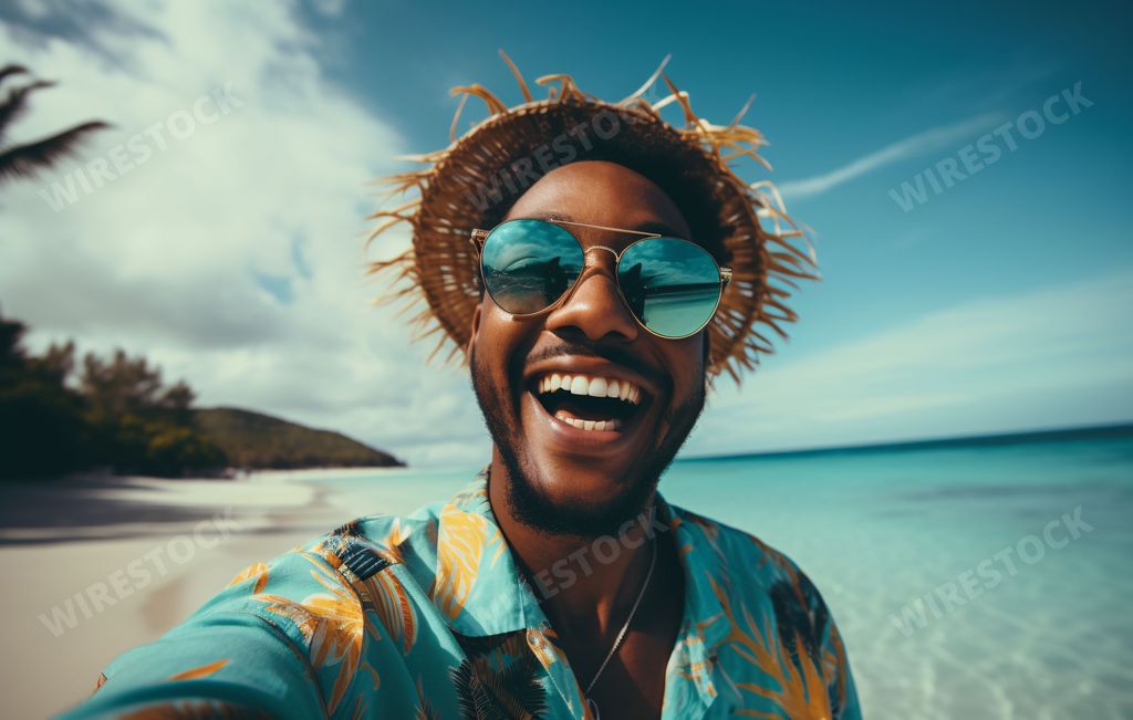 An AI generated illustration of a male standing on a sandy beach, smiling and taking a selfie