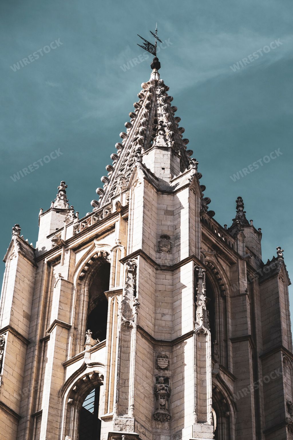 The vertical low-angle view of Catedral de Leon under the blue sky