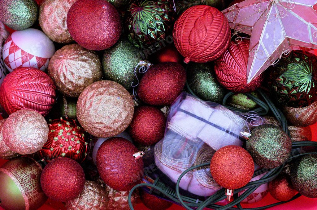 A closeup shot of Christmas ornaments - great for background