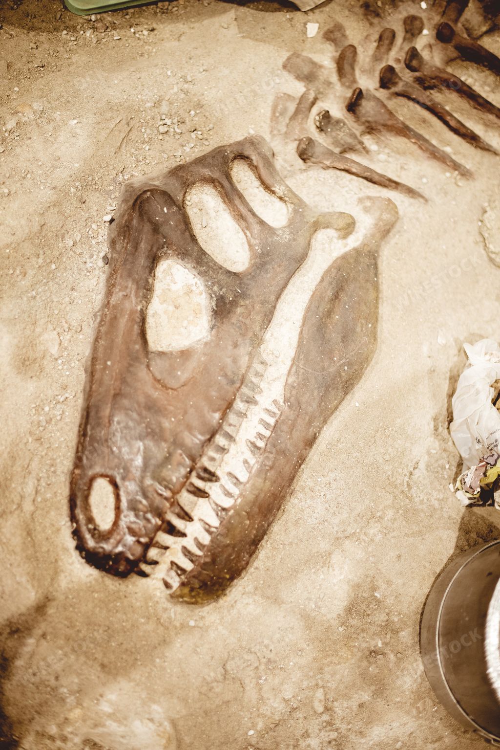 A vertical closeup of dinosaur bones and skull in the ground under the sunlight
