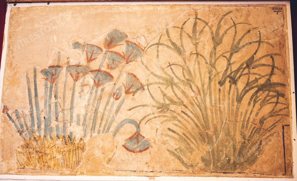 An ancient Egyptian artwork depicting plants and flowers in the Egyptian Museum in Cairo