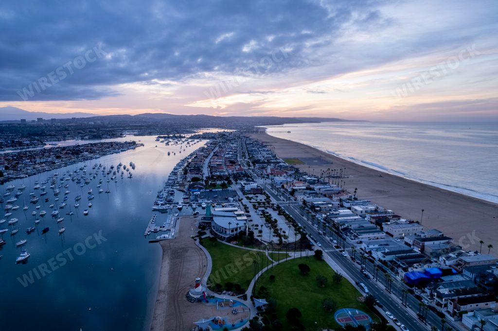 An aerial view of Newport Beach in California during sunset