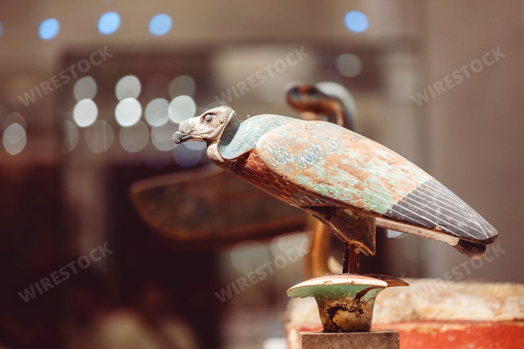 A close-up of Ancient Egyptian artifacts on display in a museum, in Cairo