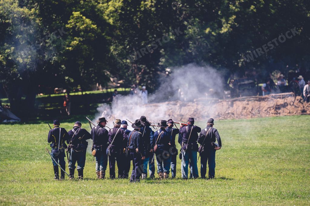 The soldiers shooting during military show in the Civil war reenactment in Jackson city, Michigan, USA