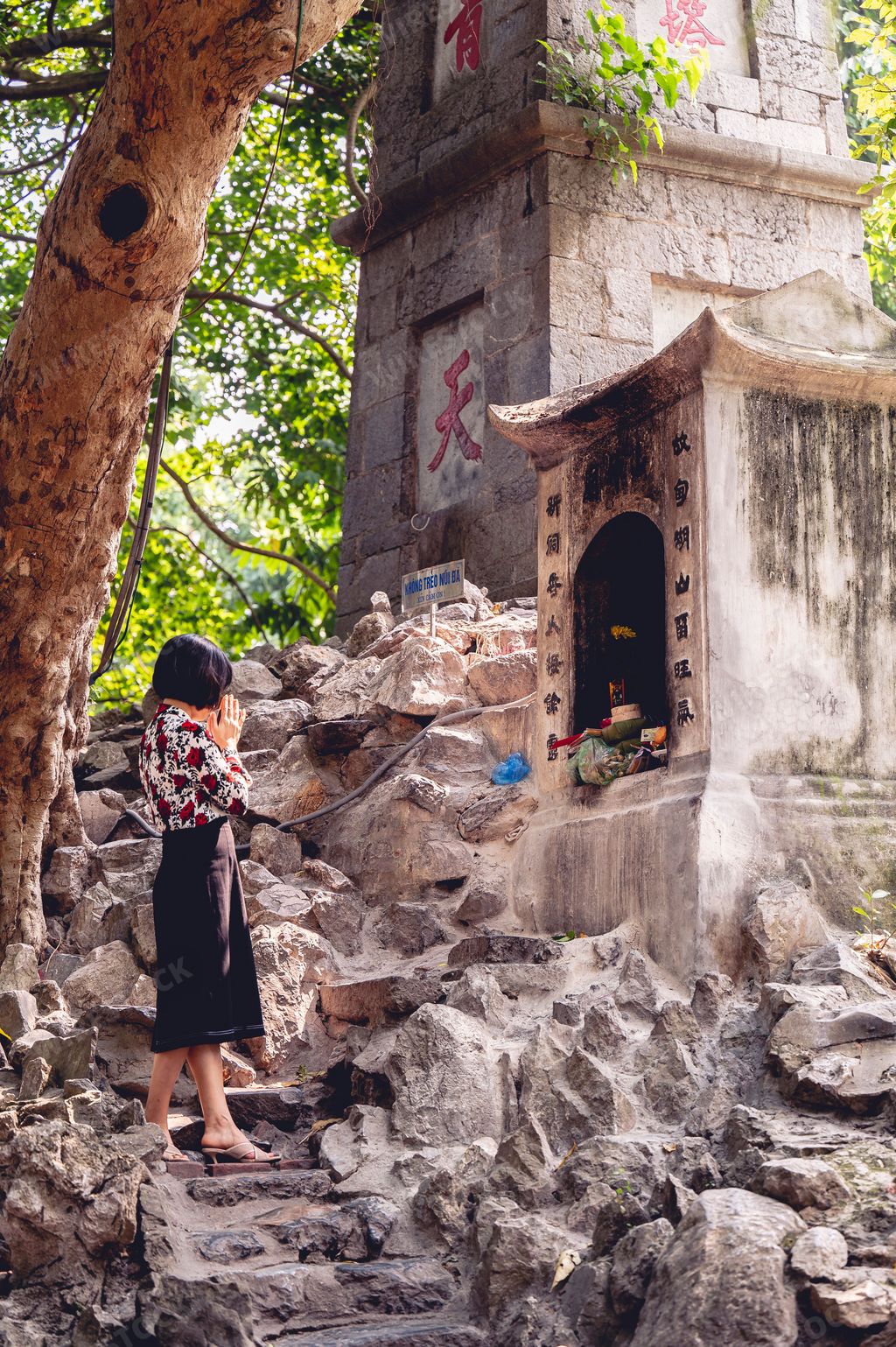 A vertical shot of a worshiper woman praying at a Buddhist shrine in Hanoi City, Vietnam