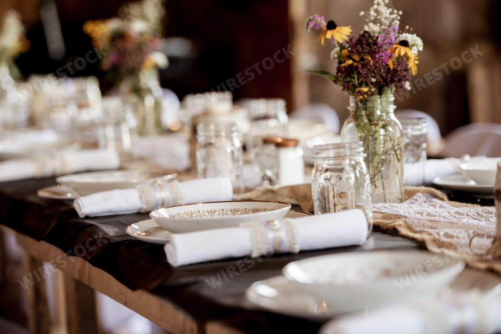 A closeup shot of the wedding dinner table with a blurred background