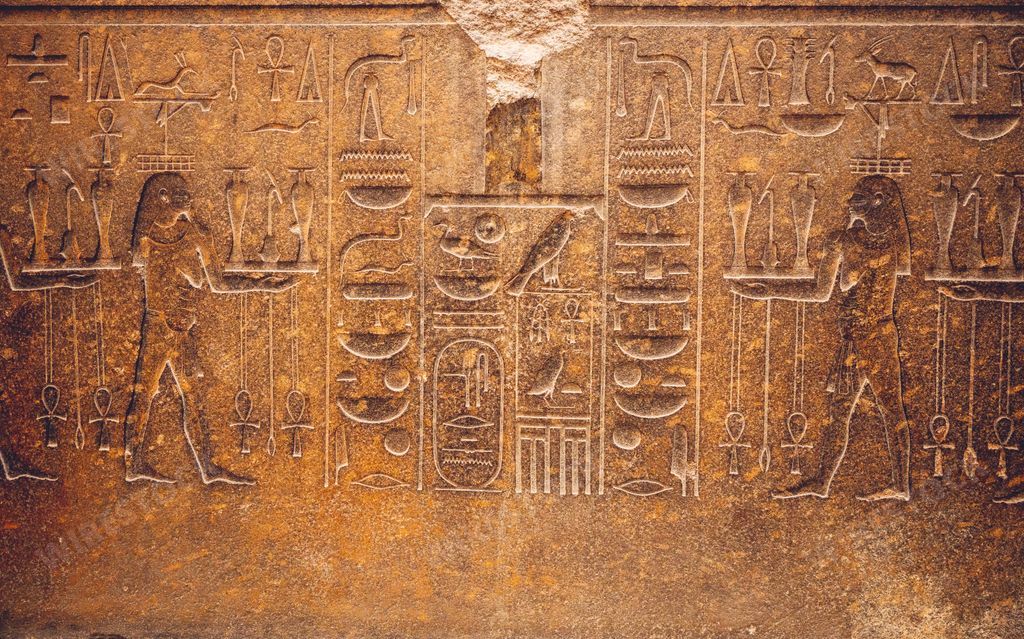 An ancient Egyptian carving with hieroglyphs and gods in the Egyptian Museum in Cairo - cool Egyptian hieroglyph background