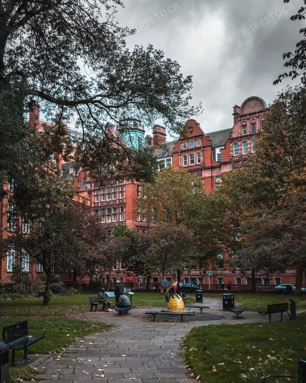 A scenic park in Manchester captured during autumn with fallen leaves and grey sky