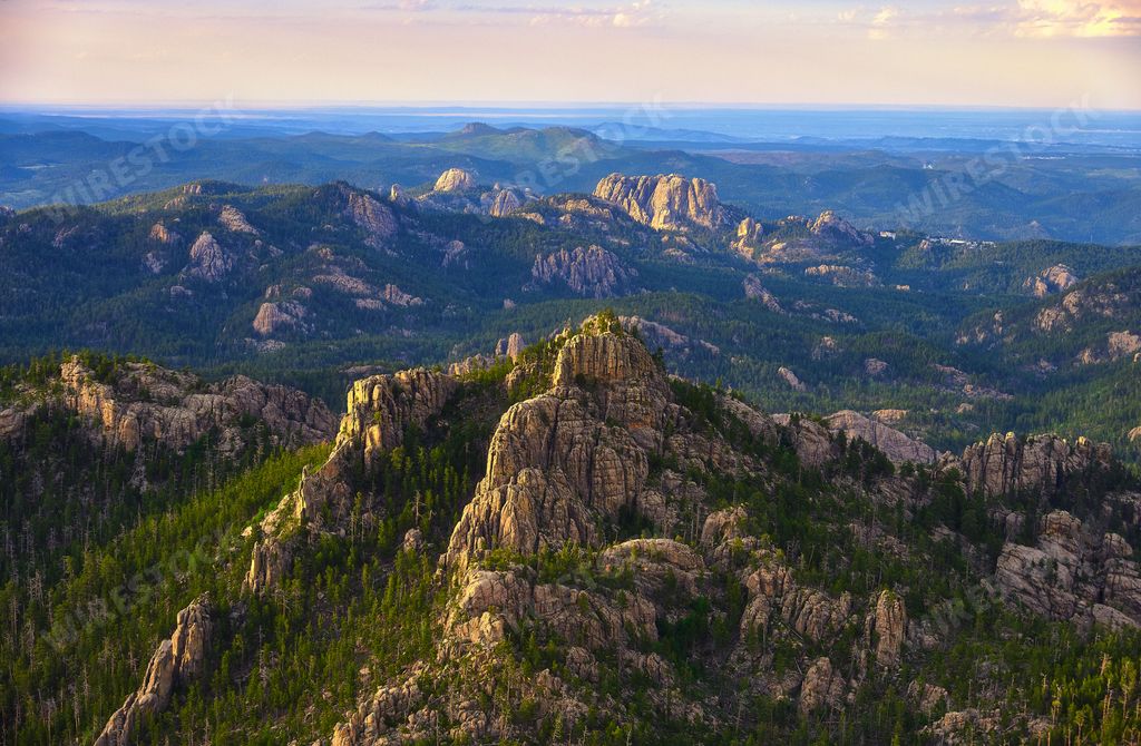 An aerial view of the Black Hills, South Dakota at golden sunset