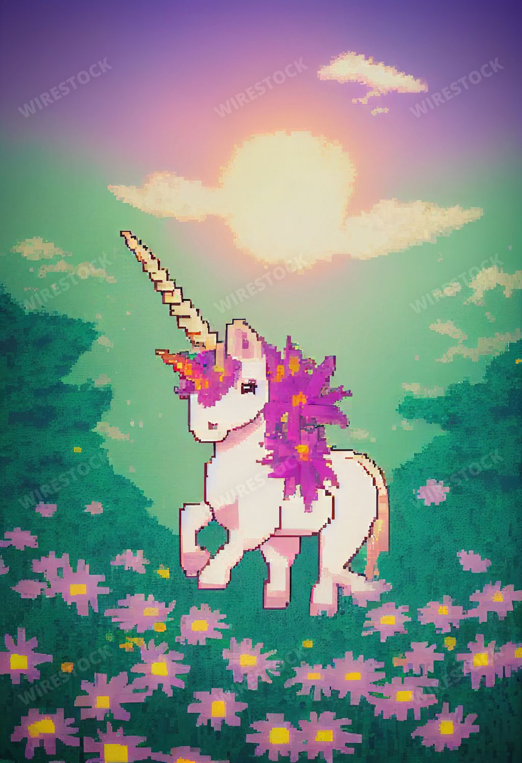 A pixel art of a cute fairytale unicorn