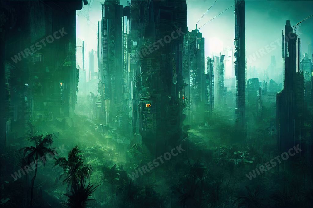 A cyberpunk dystopian cityscape, futurism in a foggy rainy city