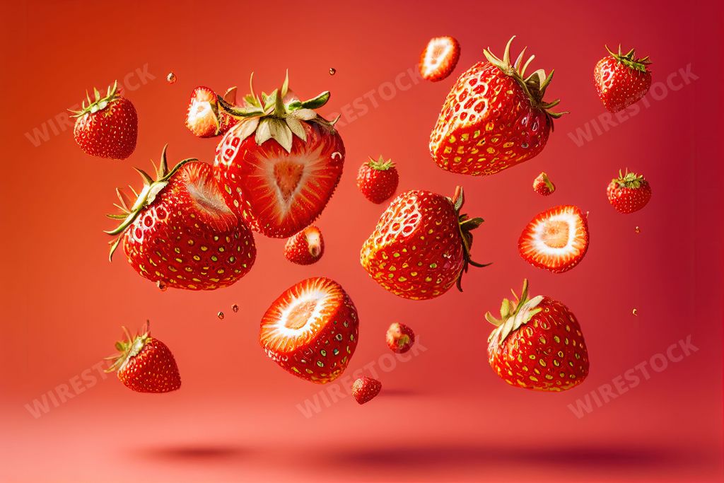 An AI generated illustration of sliced strawberries mid-air with their juicy pieces scattered throughout