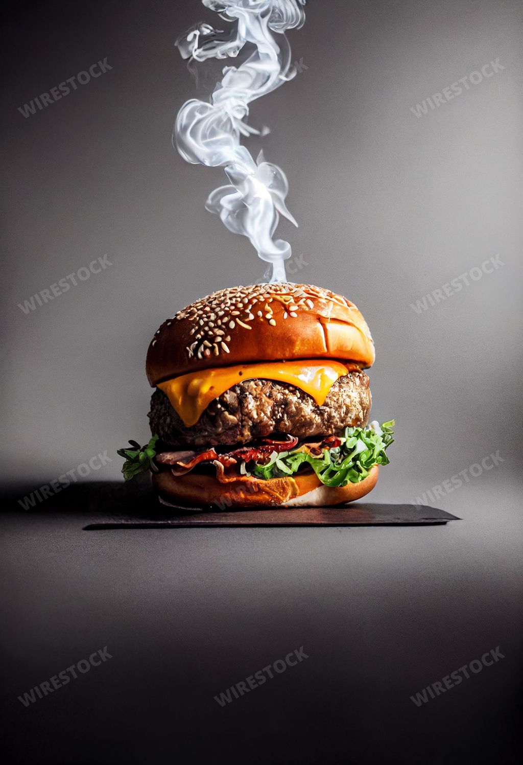 An AI-generated delicious burger with smoke against a grey background