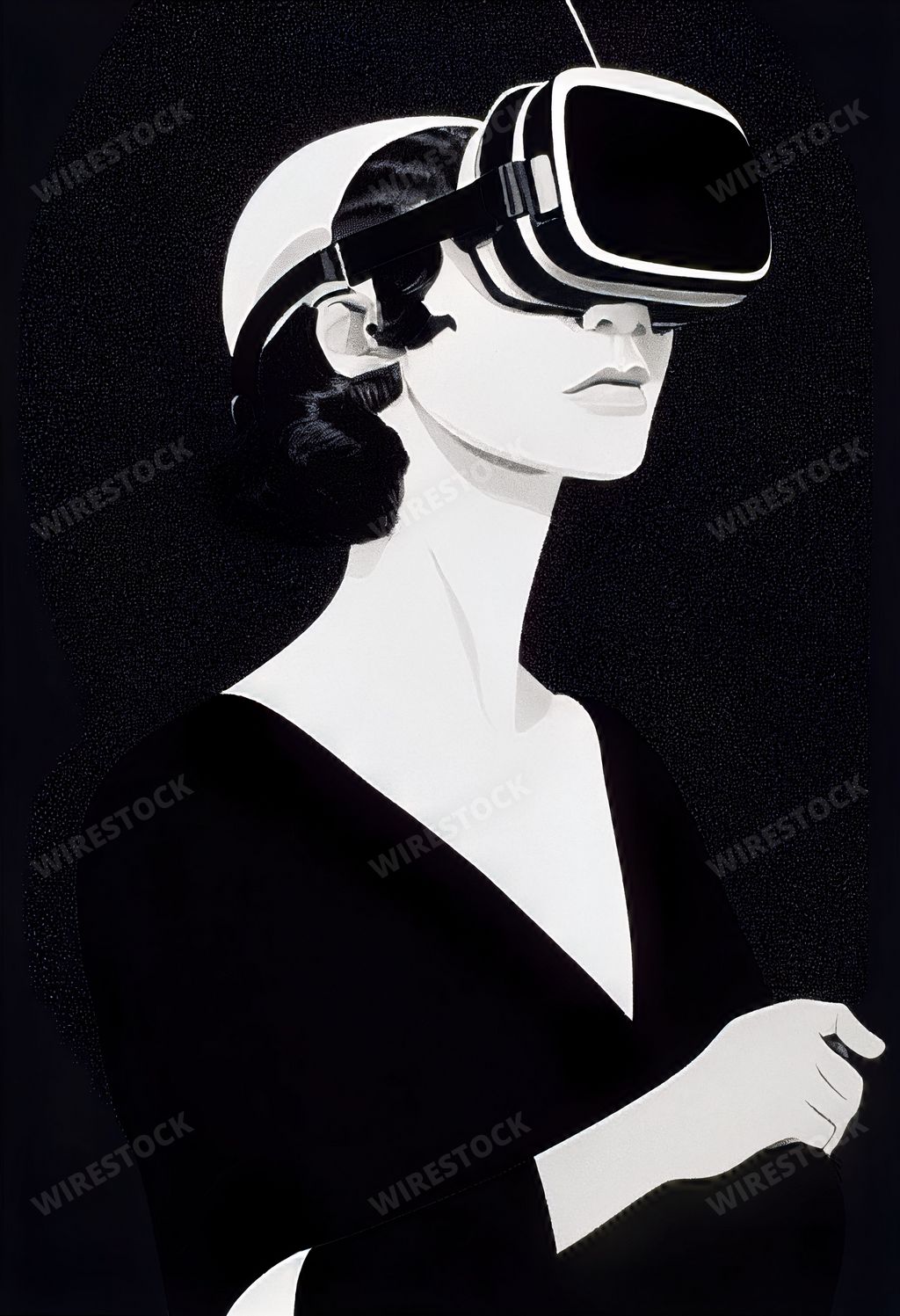 Vertical grayscale of a vintage woman in 1960s style wearing a VR headset