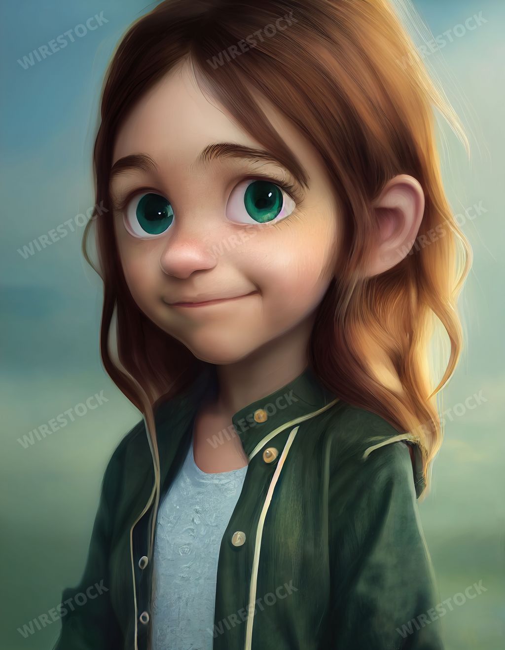 A digital character design. A little girl with green eyes and brown hair.