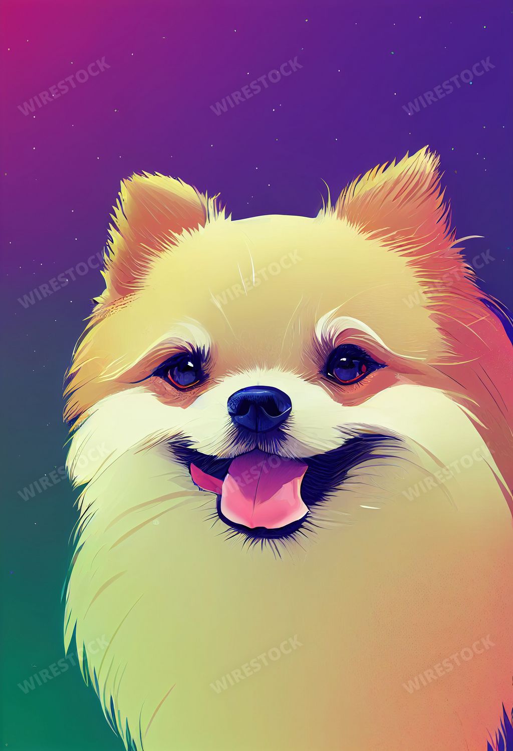 A 3D rendering of Pomeranian dog isolated in colorful background