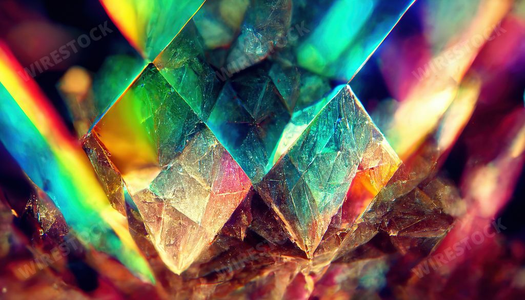 A closeup of glass crystals and prisms with color spectrum rays abstract optic art background
