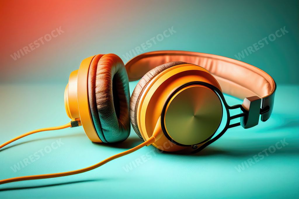 An AI generated illustration of A close-up image of a pair of headphones resting on a vivid blue  background