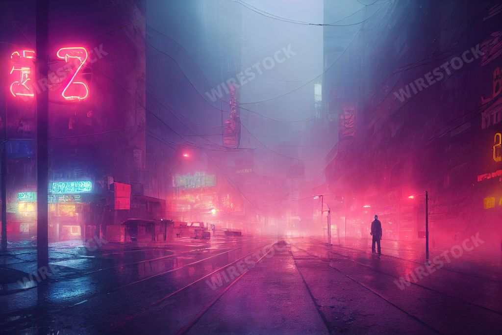 A cyberpunk dystopian cityscape, futurism in a foggy rainy city
