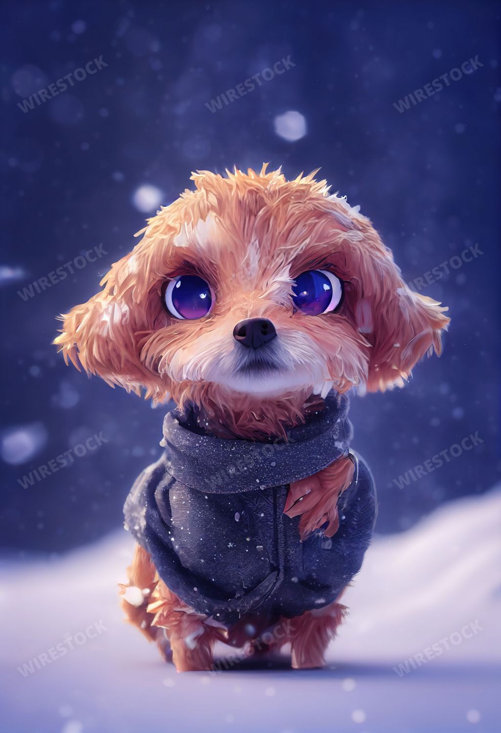 An AI-Generated hyper-realistic 3D illustration of a cute adorable dog in the snow