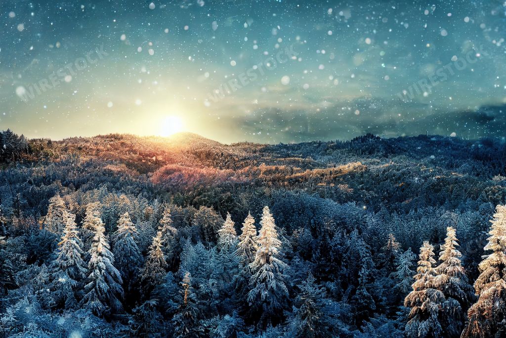 An ai generated artwork of a peaceful wintery landscape with large trees