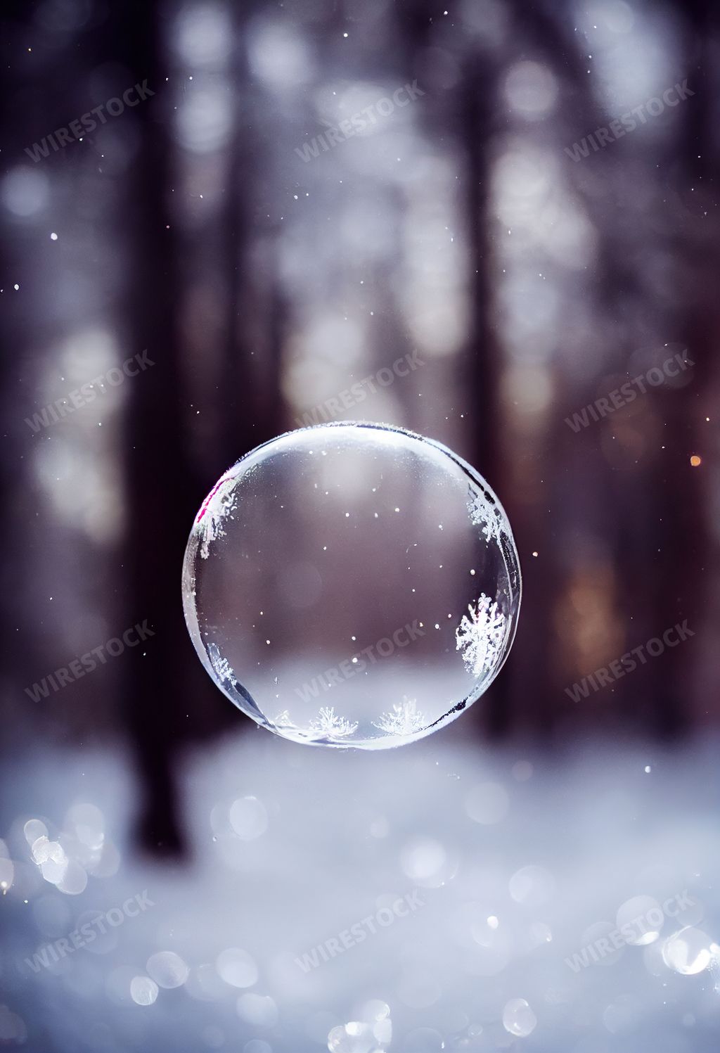 A vertical closeup shot of a frozen bubble on the snowy forest background