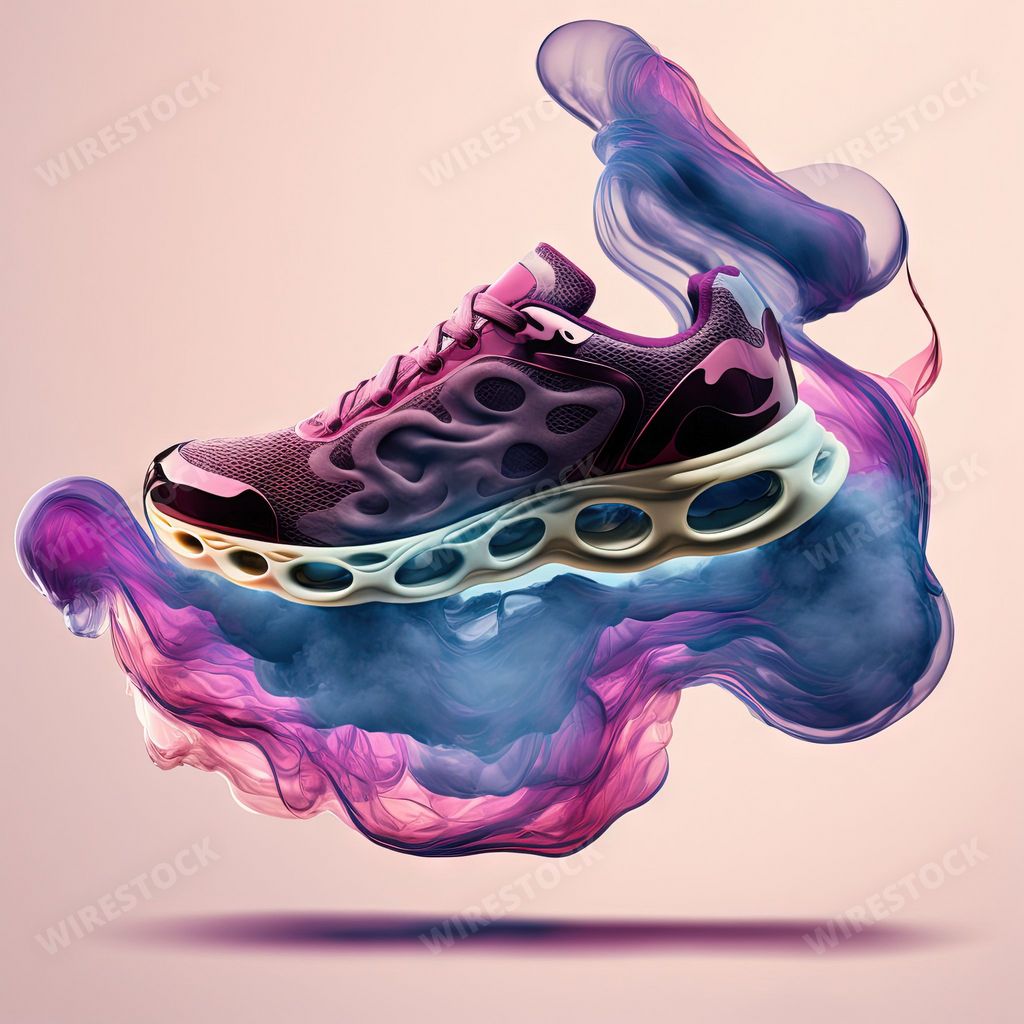 A 3d illustration of a comfortable futuristic sneaker floating in the air on a pink background