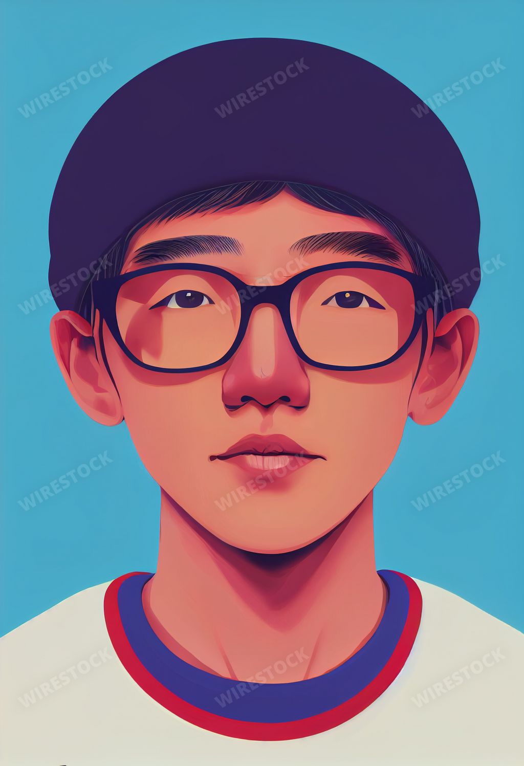 A digital portrait of a young Asian man with glasses.