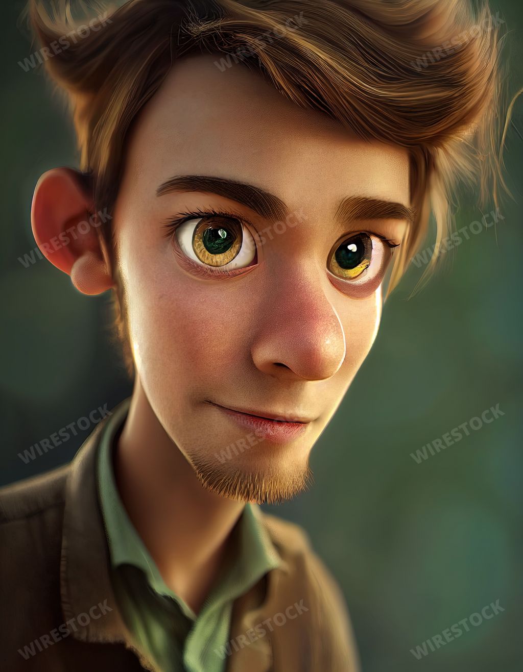 A digital character design. A young man with brown hair and golden eyes.