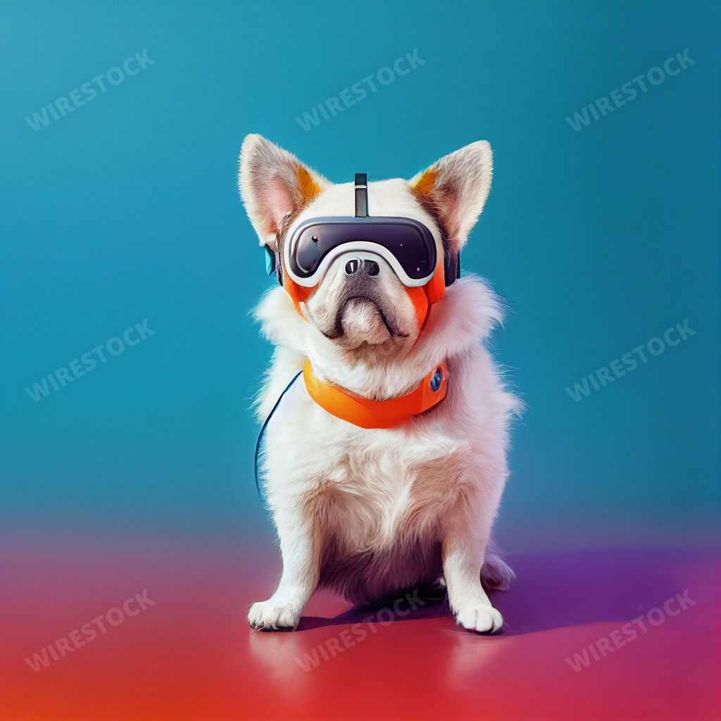 An ai generated artwork of a cute dog wearing VR headset in a studio