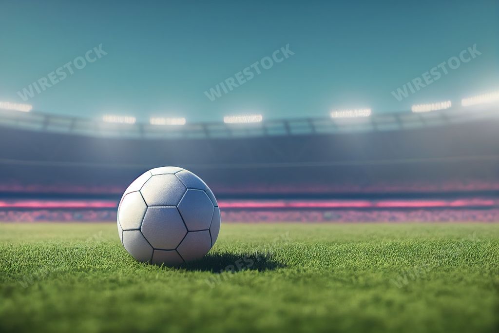 A 3D digital render of a white soccer football on a green field in a full stadium at a game