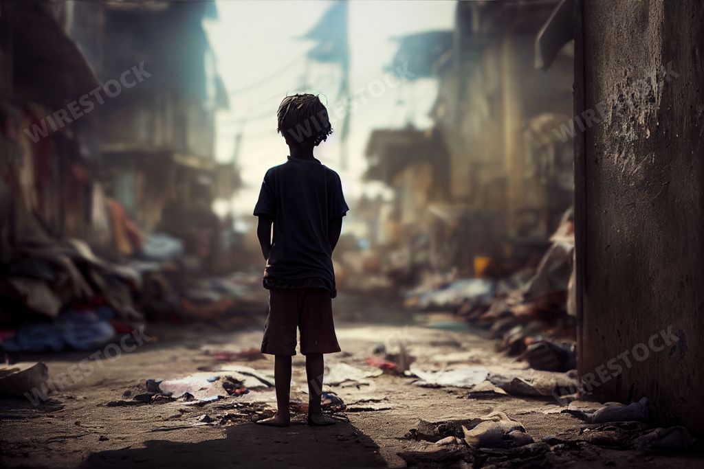 An AI generated image of a poor kid walking in a suburban street