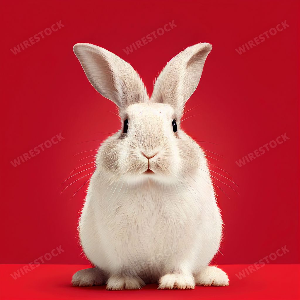 A 3D digital render of an adorable fluffy white bunny on a red background