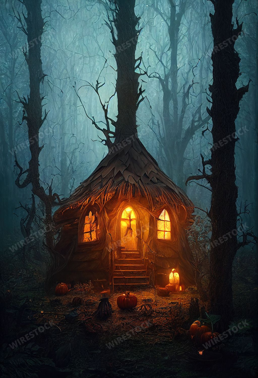 An illustration of a spooky halloween house scene in a forest