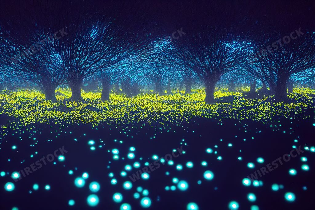 An alien landscape bio-luminescent mushrooms glowing brightly in the darkness