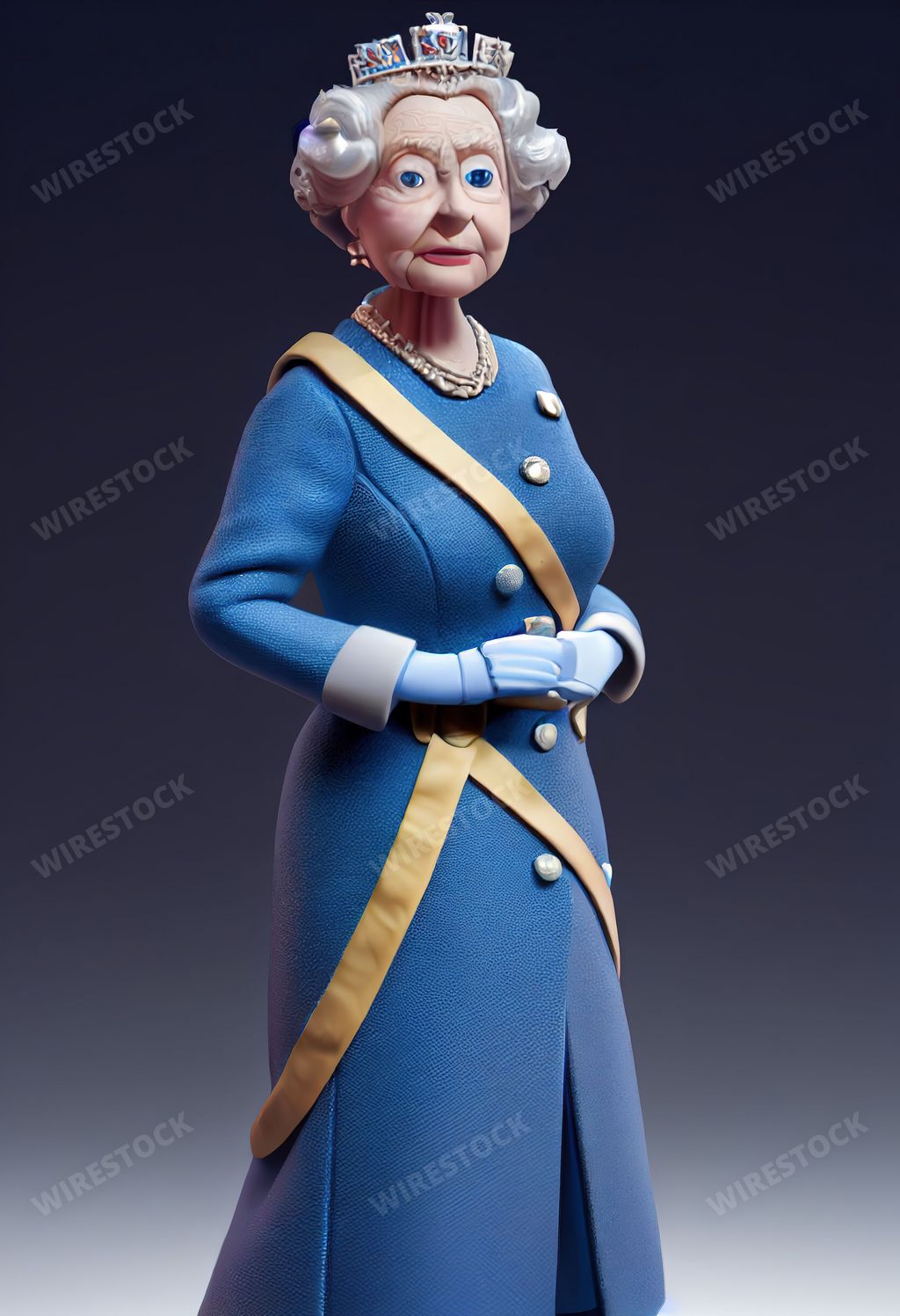 A vertical 3D figure of Queen Elizabeth II in a blue gown with a serious face