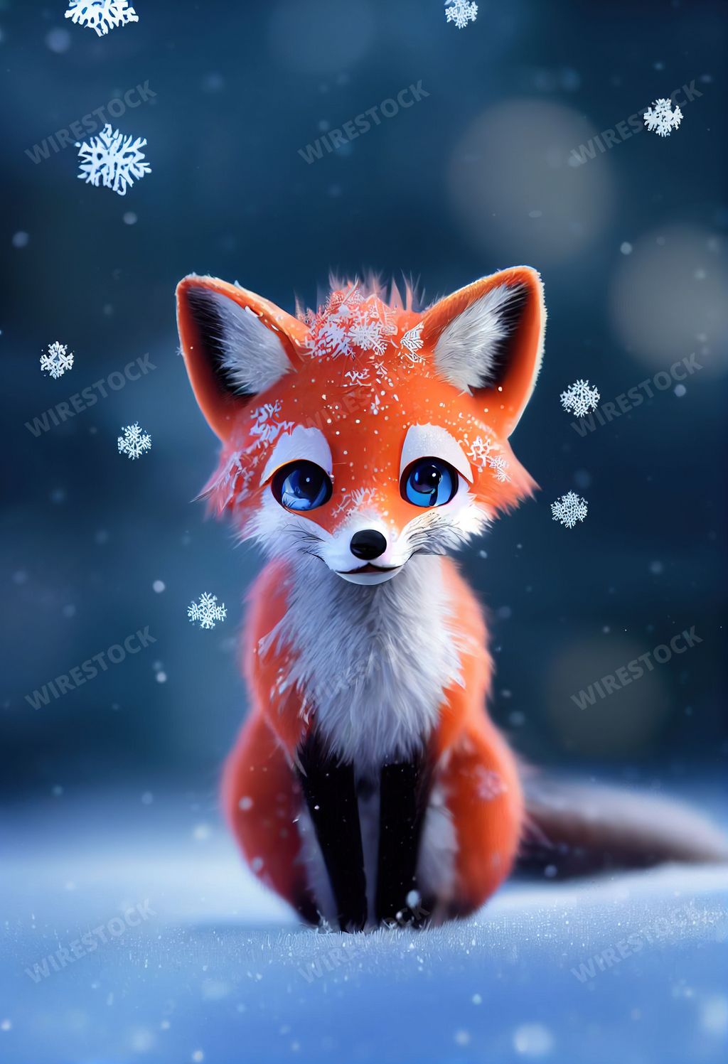 An AI-Generated hyper-realistic 3D illustration of a cute fox in the snow
