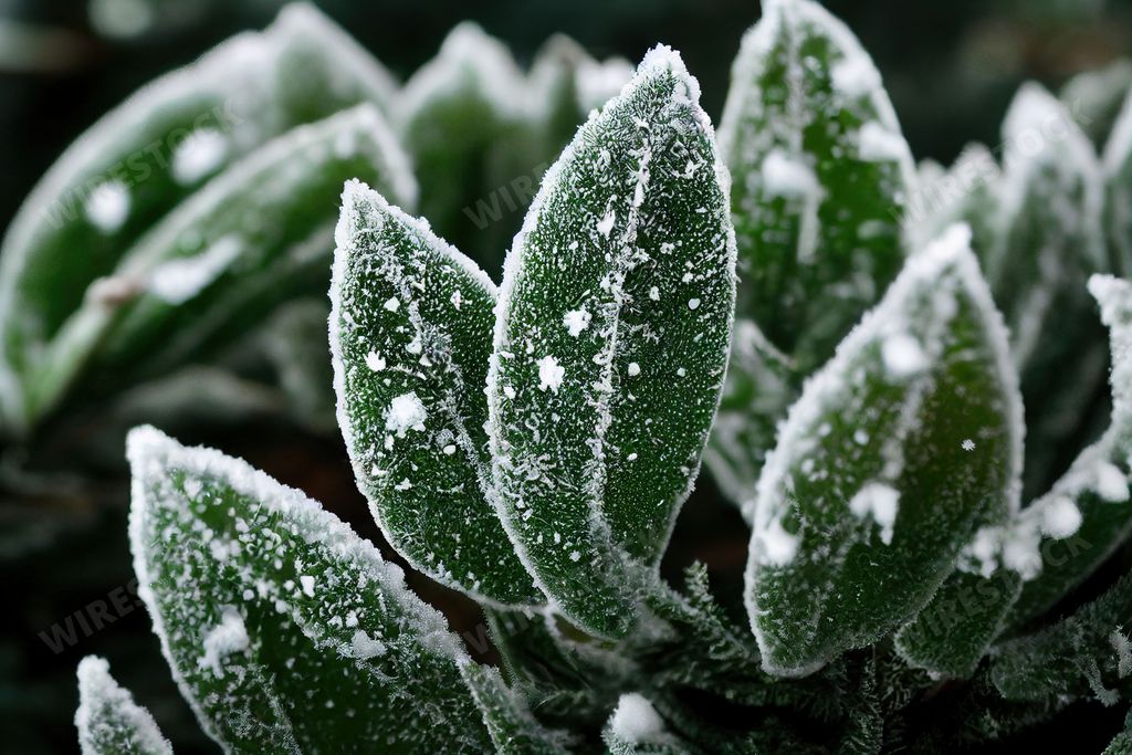 A closeup shot of frozen green plants in a garden during winter