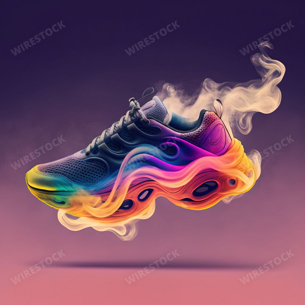 A 3d illustration of a comfortable futuristic sneaker floating in the air on a  colorful background