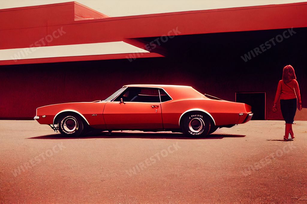 A shot of a red Chevrolet Camaro with a woman walking next to