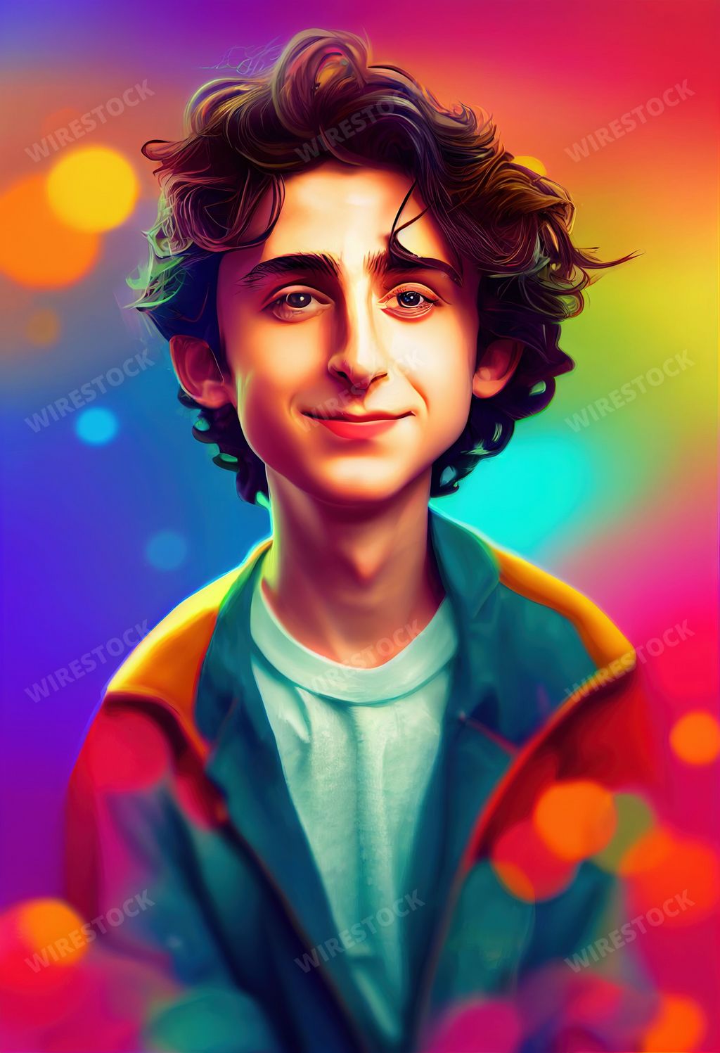 A vertical portrait illustration of Timothee Chalamet