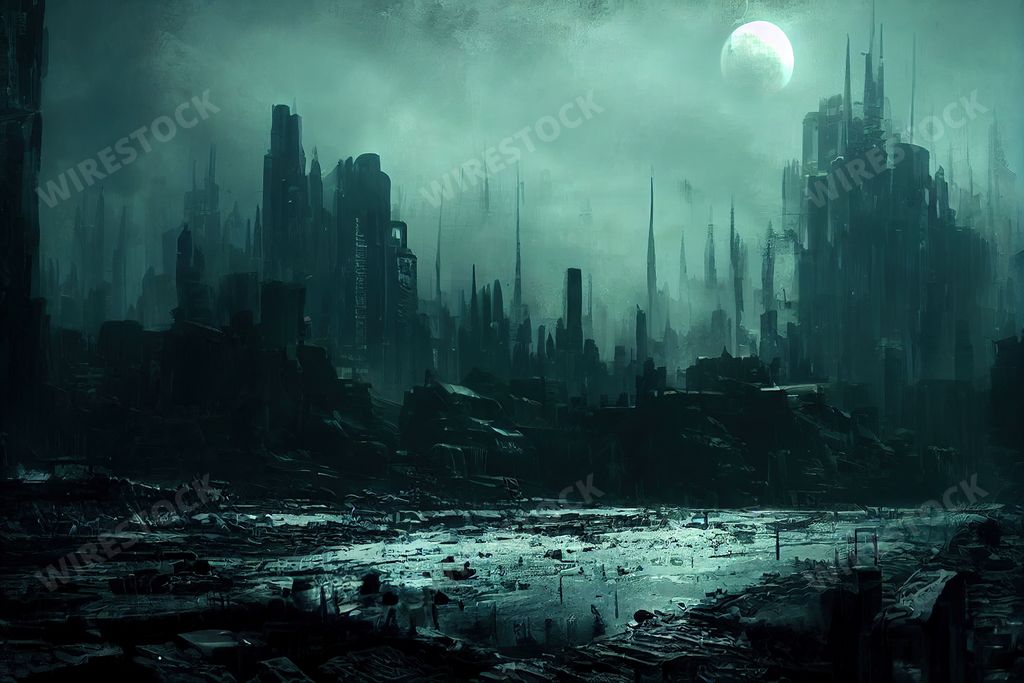 An illustration of a 3D-rendered dark and foggy dystopian city with the moon in the sky