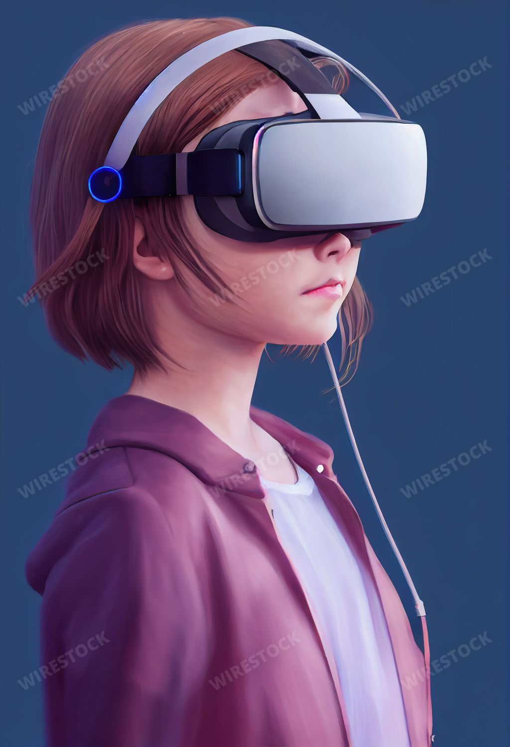 A vertical illustration of a girl with short hair wearing a VR headset on a blue background