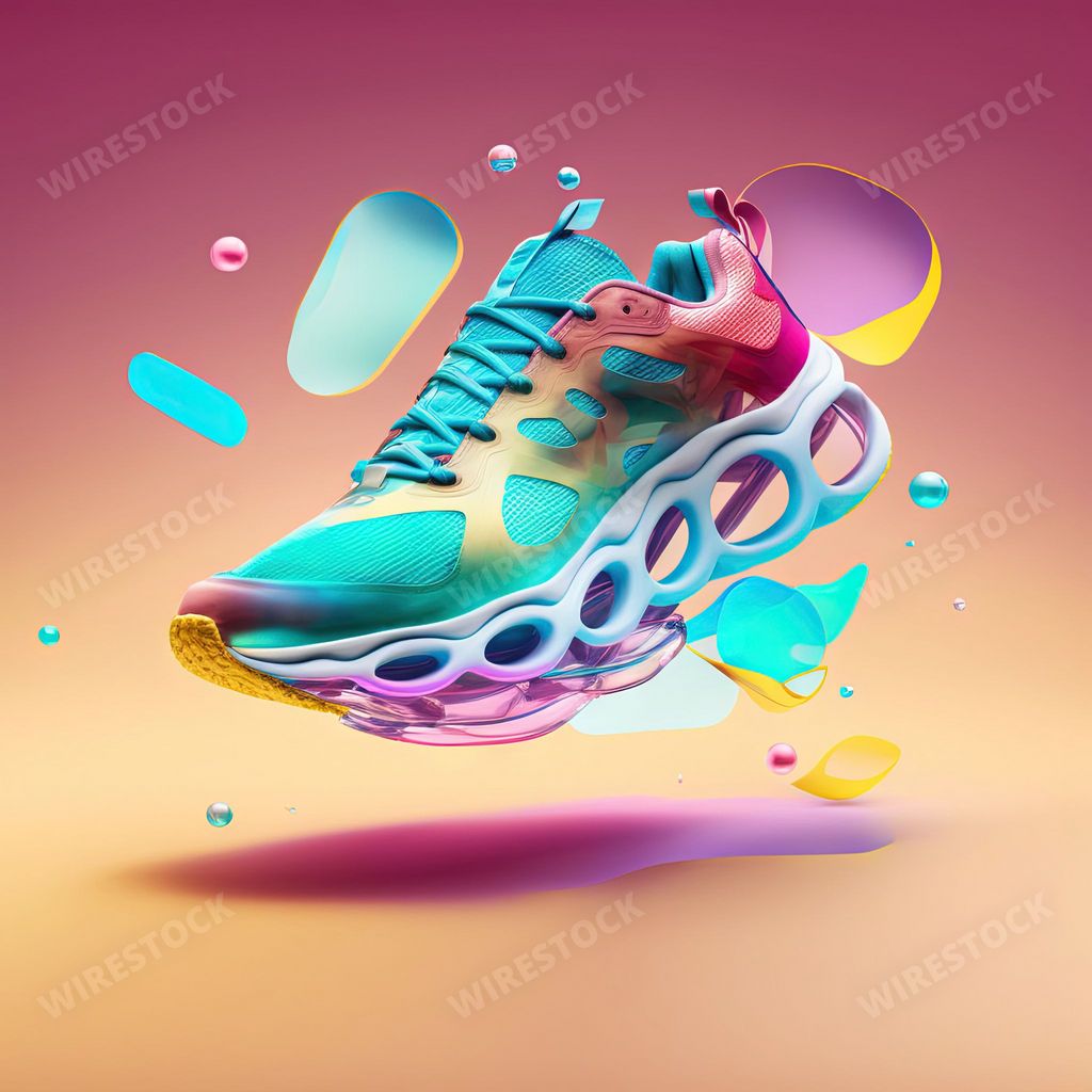 A 3d illustration of a comfortable futuristic sneaker floating in the air on a  colorful background