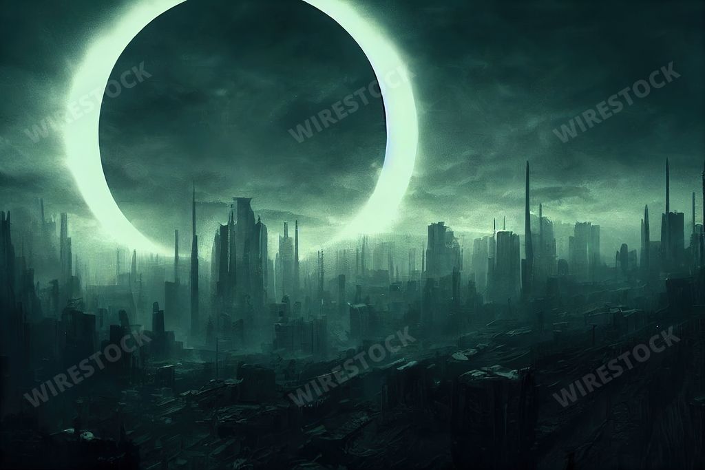 An illustration of a 3D-rendered dark and foggy dystopian city with a large circle in the sky